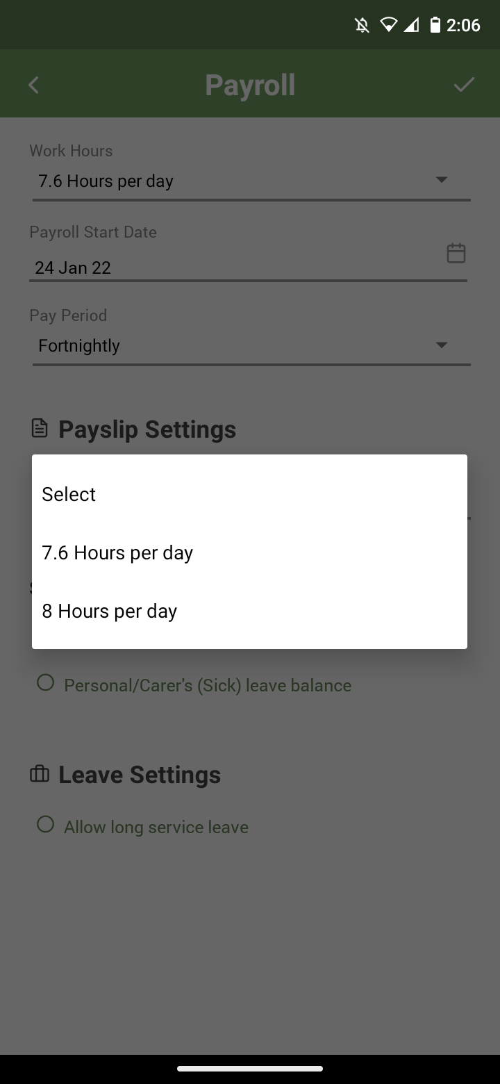 Payroller Mobile App - Edit the business hours for calculating requested and scheduled leave on the Payroller mobile app - 4