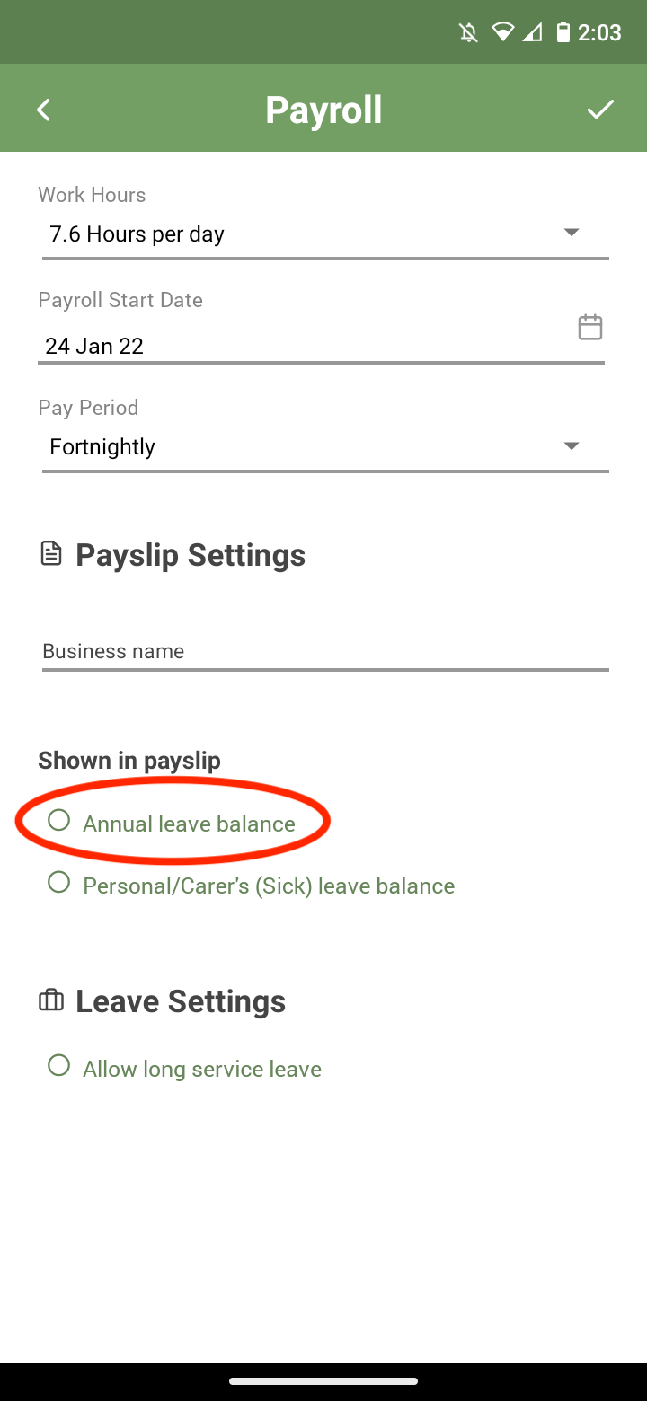 Payroller Mobile App - How to show annual leave balance on your employee payslip on the Payroller mobile app - 3