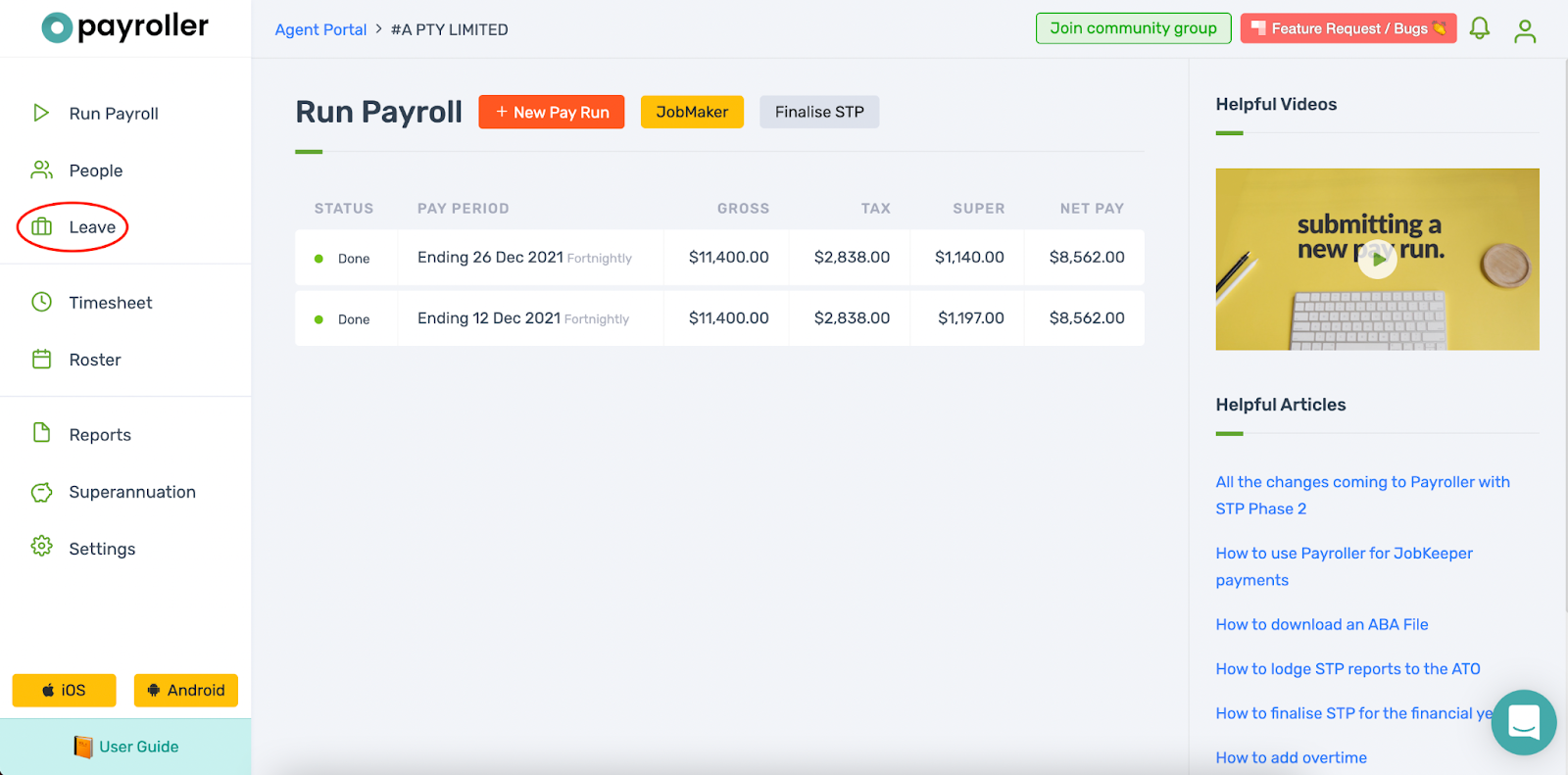 Payroller functions - Adding/requesting leave (not in a pay run) - 1
