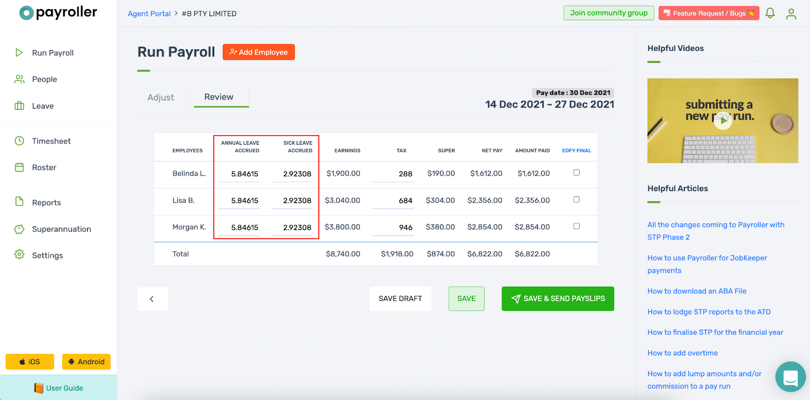 How To Edit Leave Accrued In Pay Runs Payroller Australia