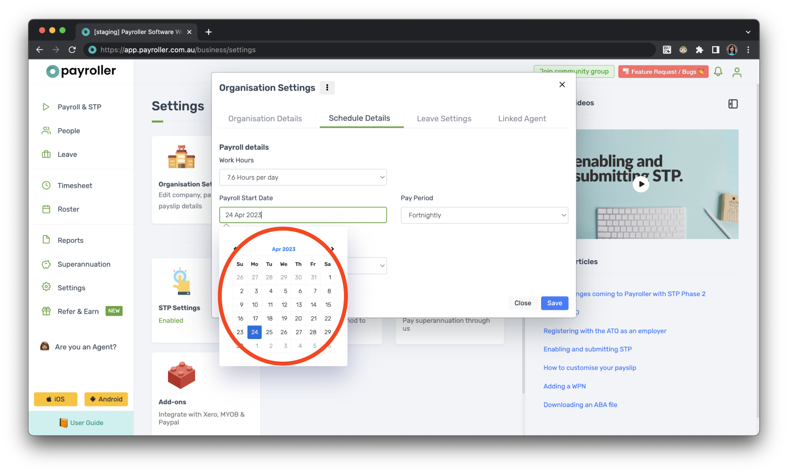 Payroller settings - Set the Payroll Start Date of your first pay run - 6