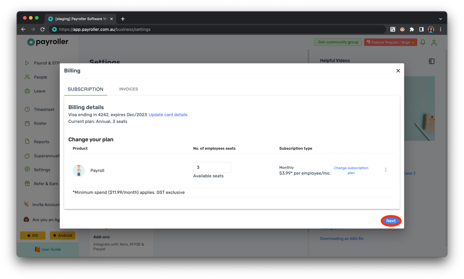 Payroller Employer Subscriptions - Editing the subscription type to a monthly or an annual subscription - 10