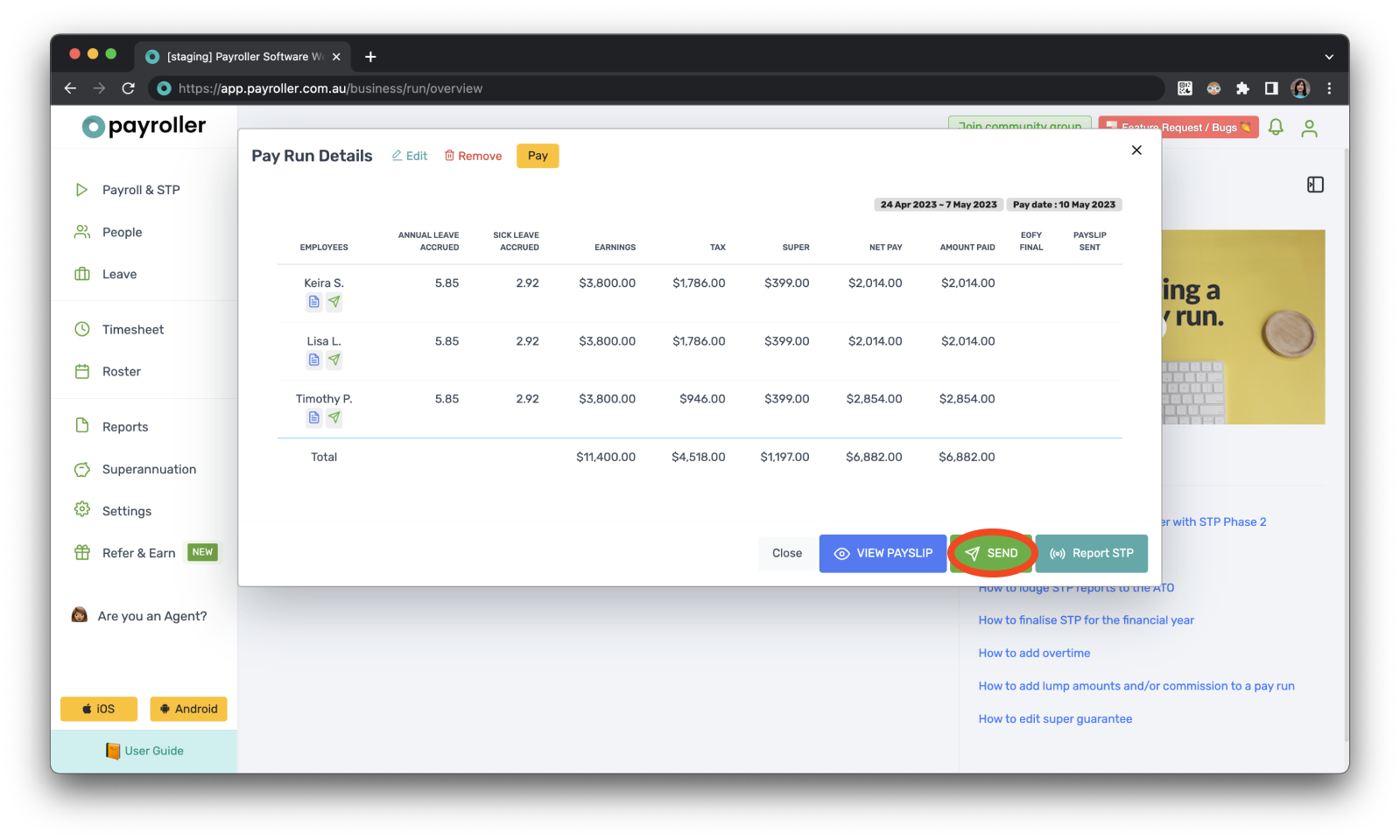 Creating pay runs - Send/view/print payslips - 4