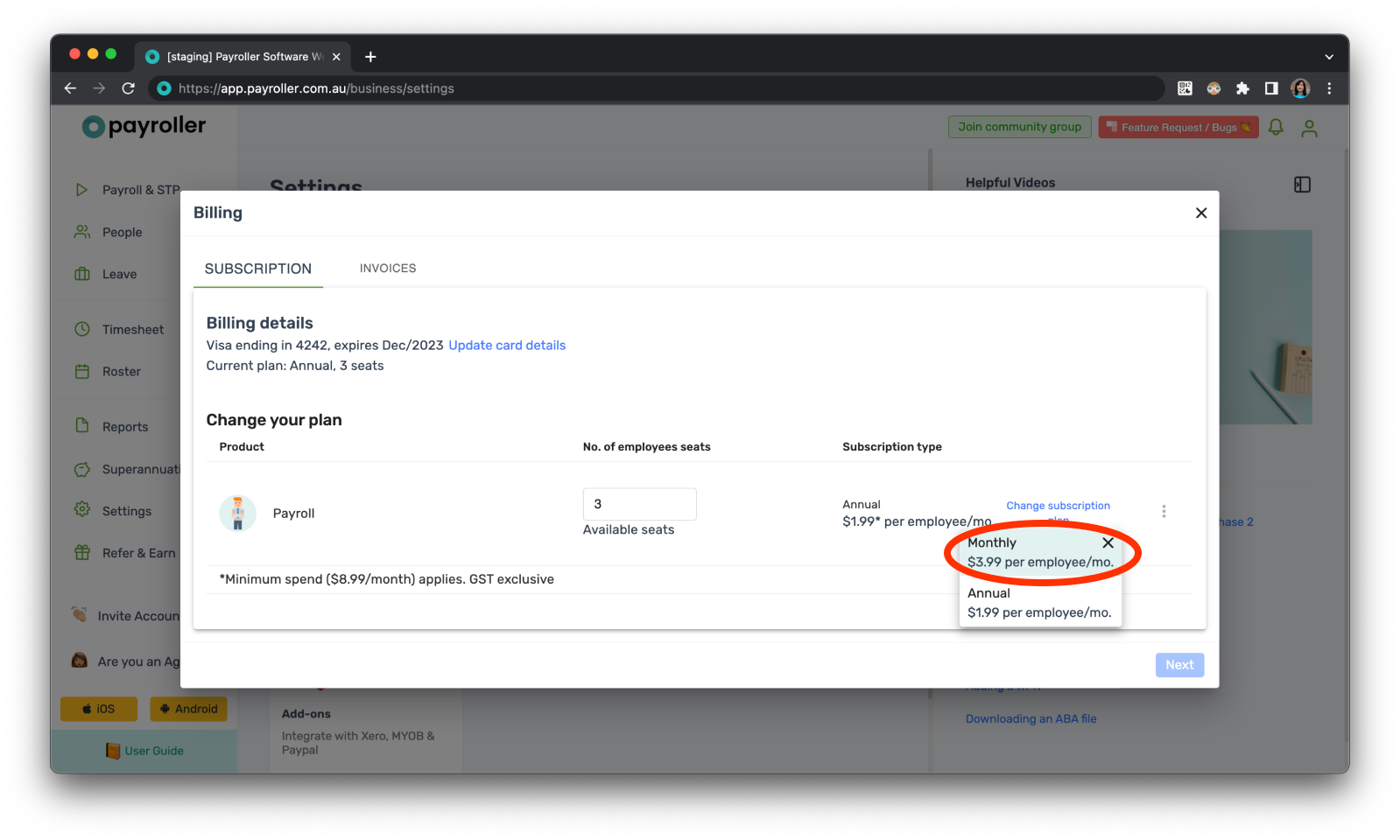 Payroller Employer Subscriptions - Editing the subscription type to a monthly or an annual subscription - 9