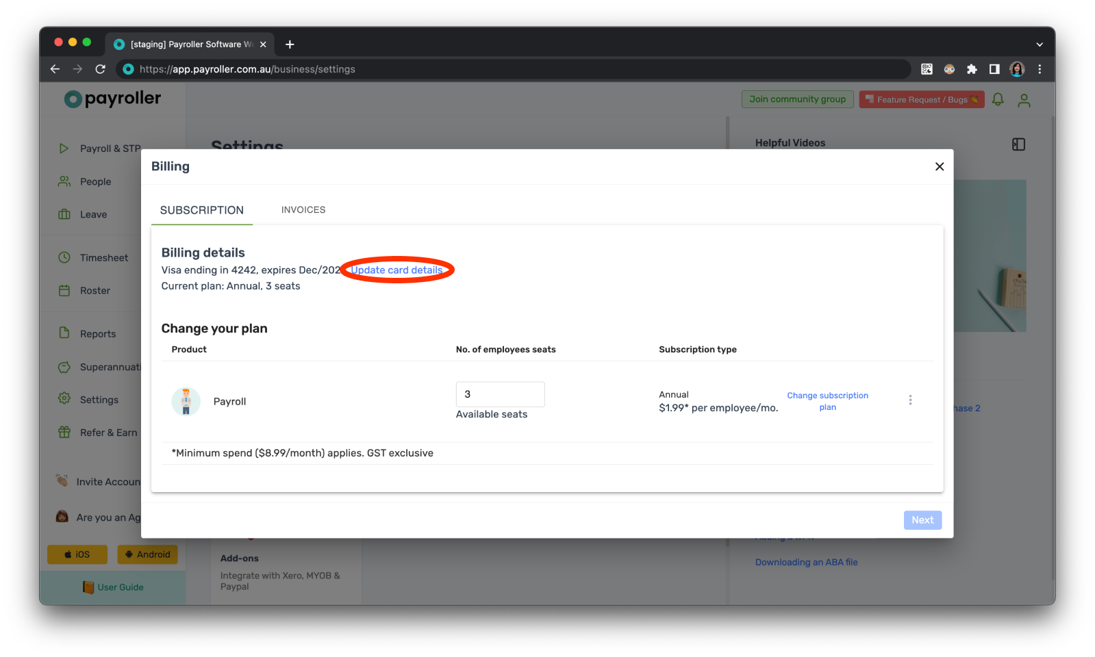 Payroller Employer Subscriptions - Updating your card details for your subscription - 3