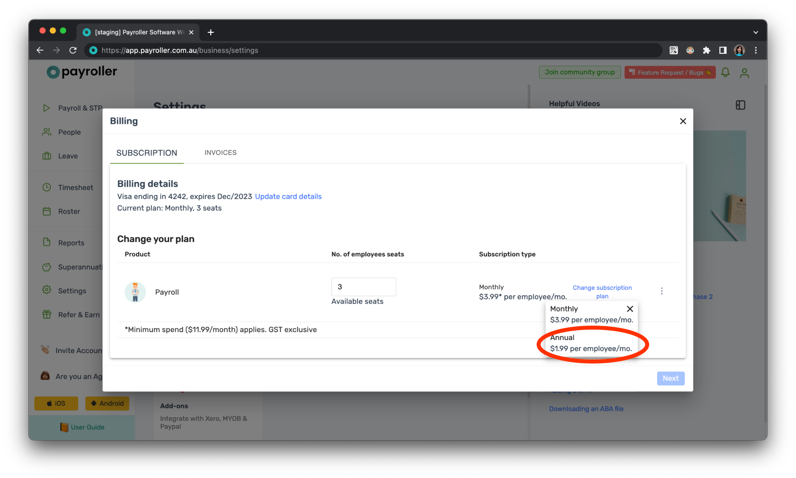 Payroller Employer Subscriptions - Editing the subscription type to a monthly or an annual subscription - 4