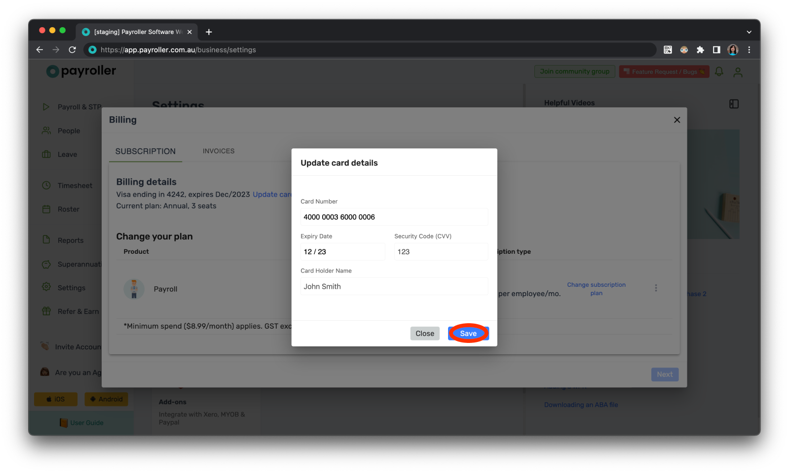Payroller Employer Subscriptions - Updating your card details for your subscription - 4