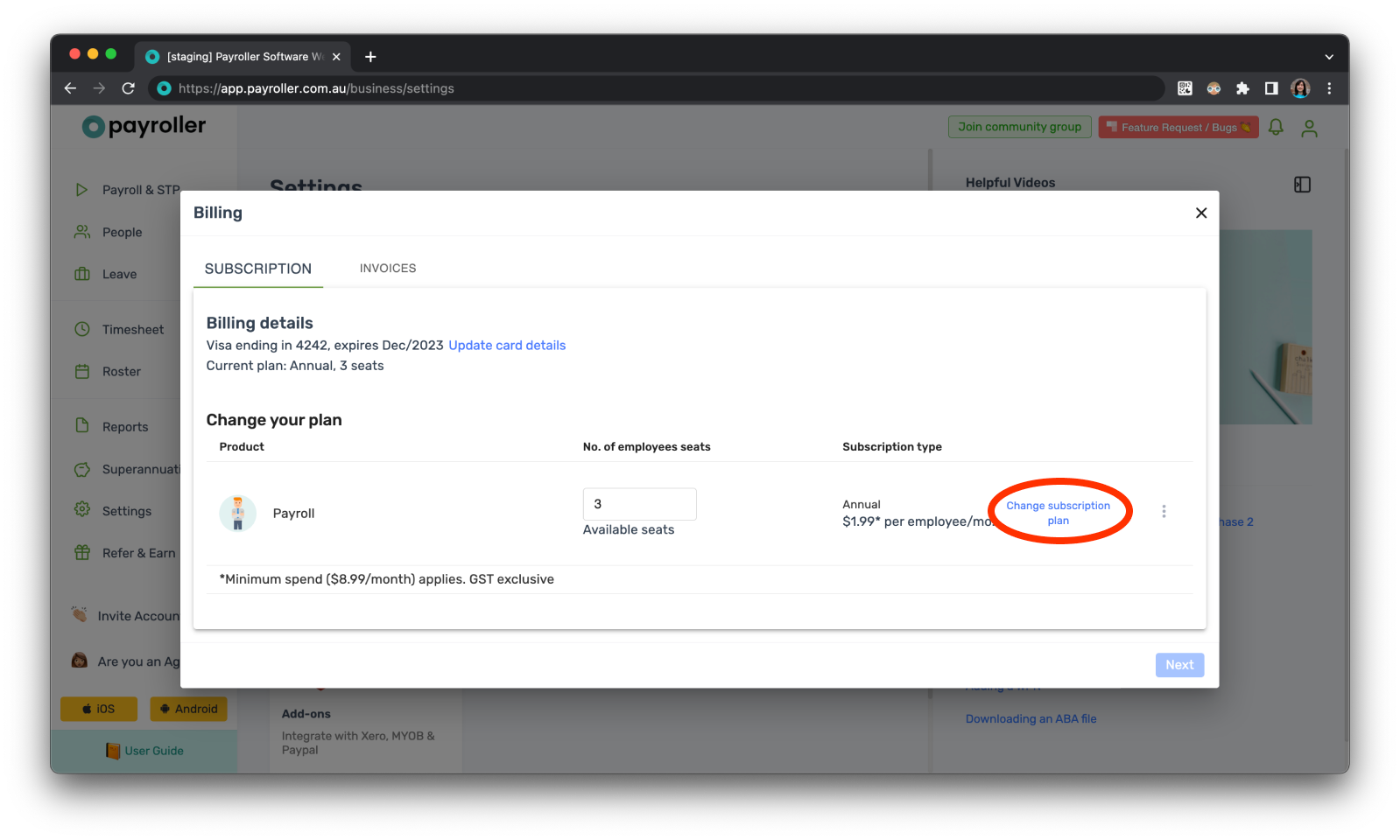 Payroller Employer Subscriptions - Editing the subscription type to a monthly or an annual subscription - 8