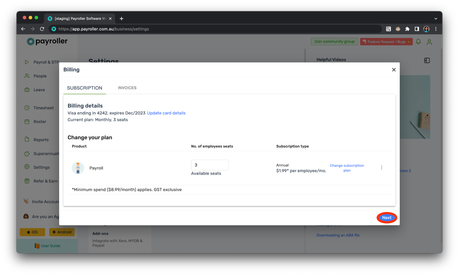 Payroller Employer Subscriptions - Editing the subscription type to a monthly or an annual subscription - 5