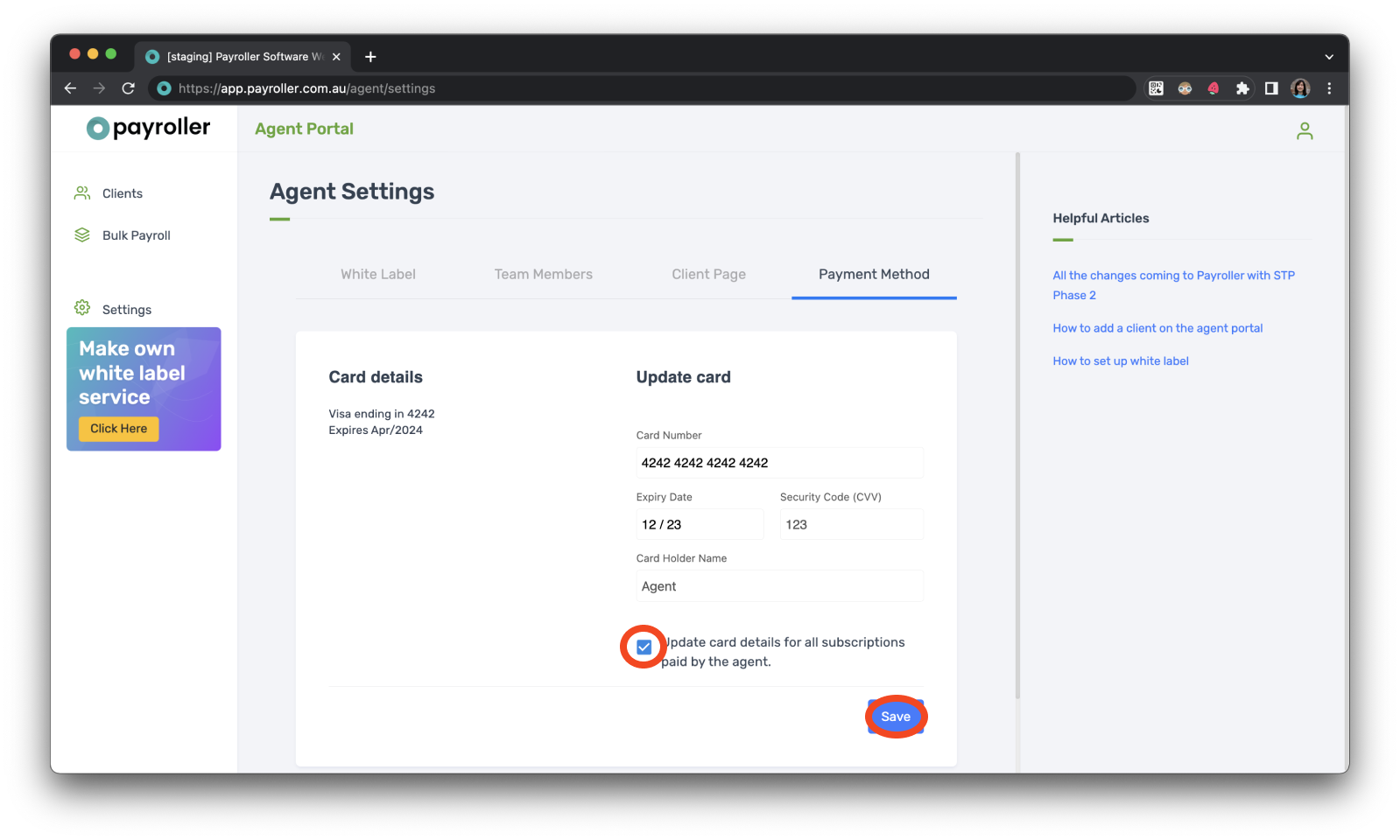 Payroller agent subscriptions - Updating the card details for client subscriptions for agents - 9