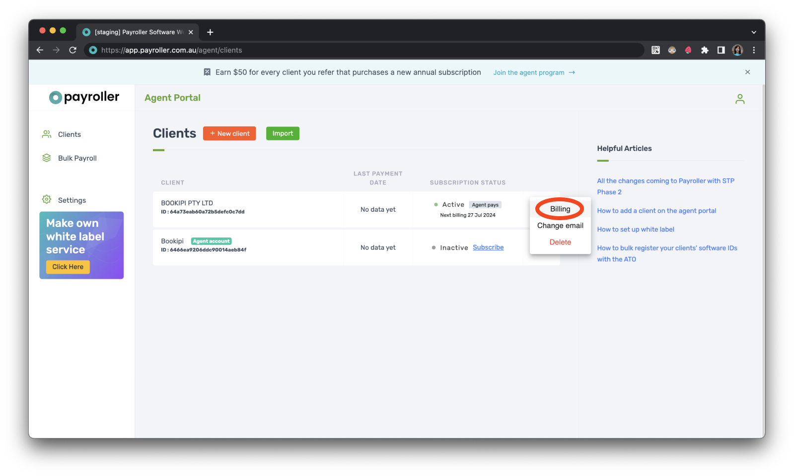 Payroller agent subscriptions - Downloading an invoice of a subscription payment for a client as an agent - 2