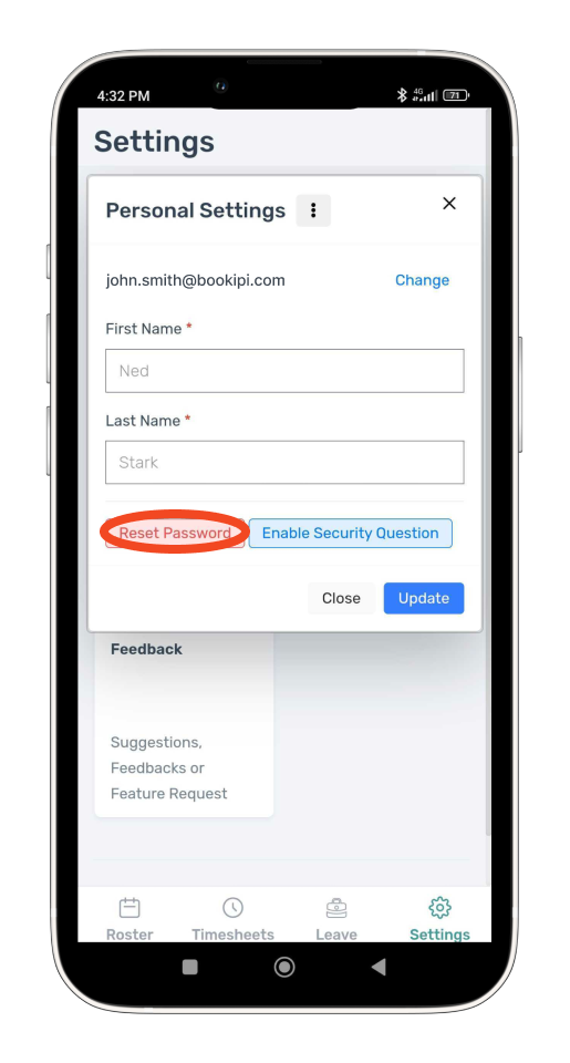 Timesheets and rostering - How to reset your password on the Timesheets and Rosters Mobile App - 11