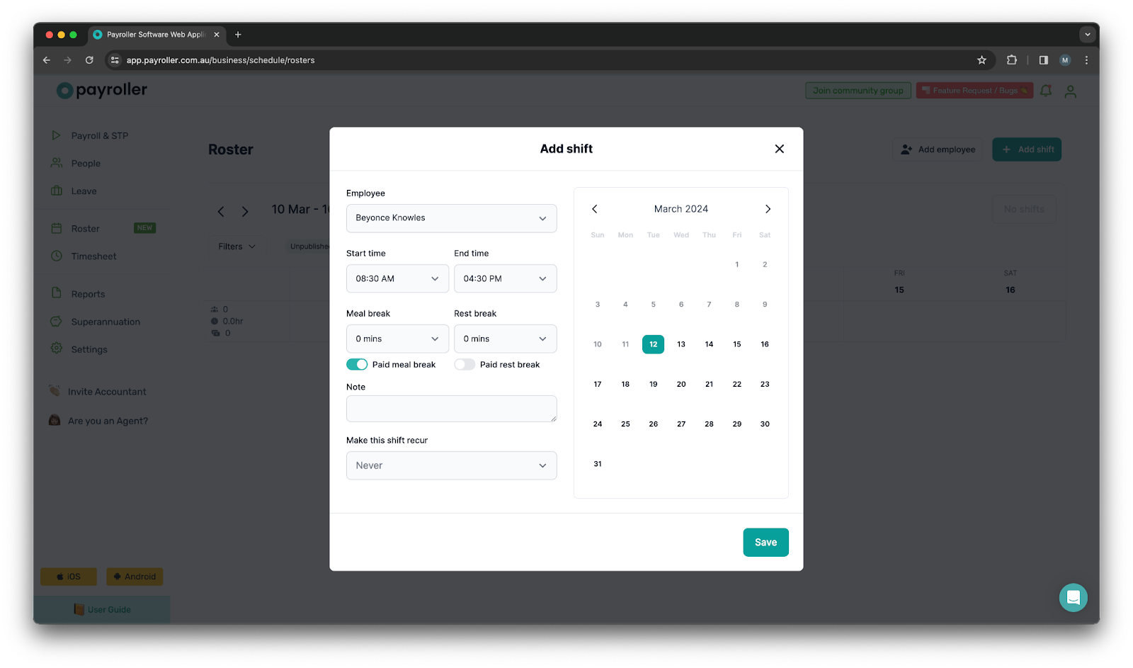 Timesheets and rostering - How to add a meal/rest break in a shift/timesheet - 3