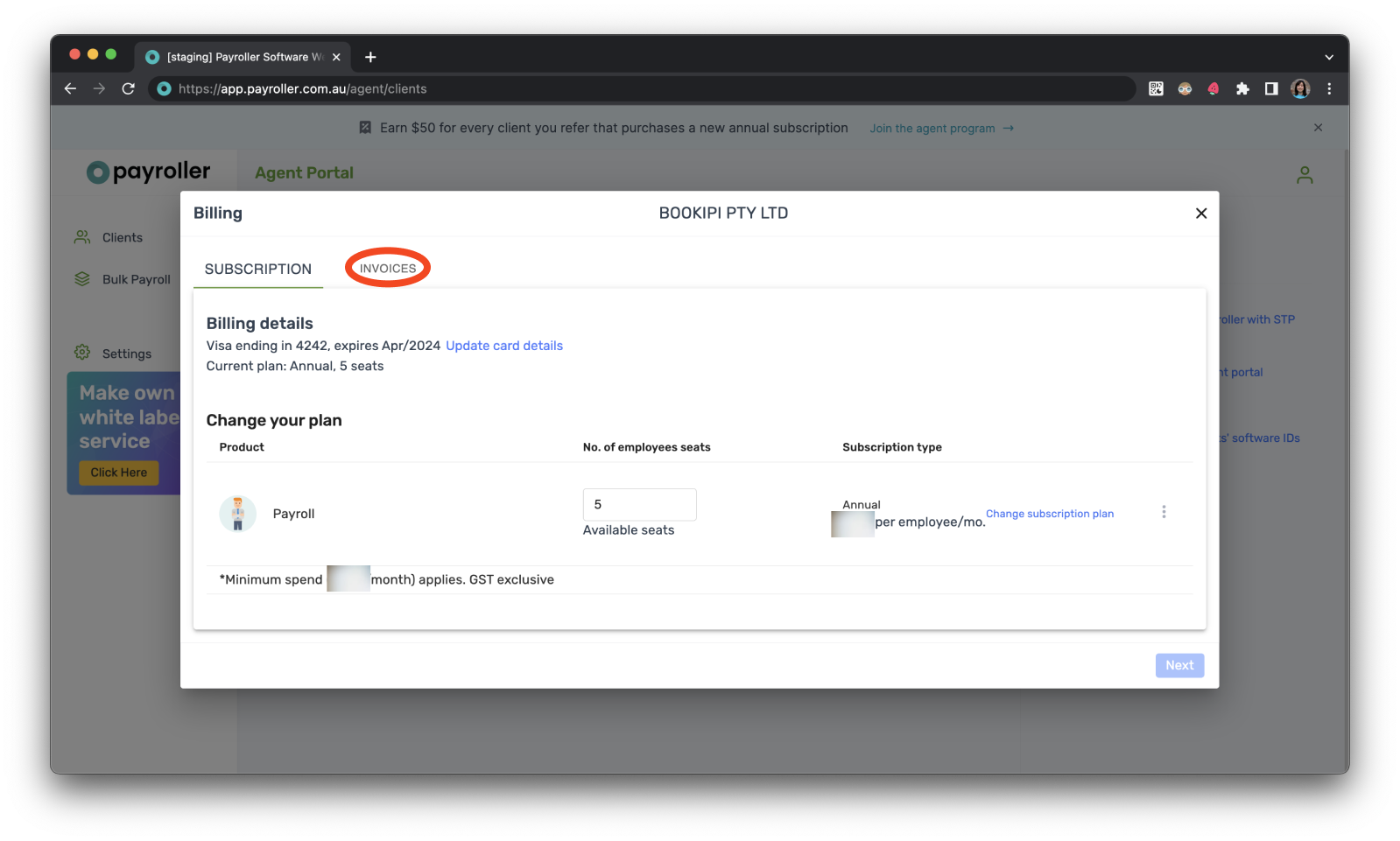 Payroller agent subscriptions - Downloading an invoice of a subscription payment for a client as an agent - 3