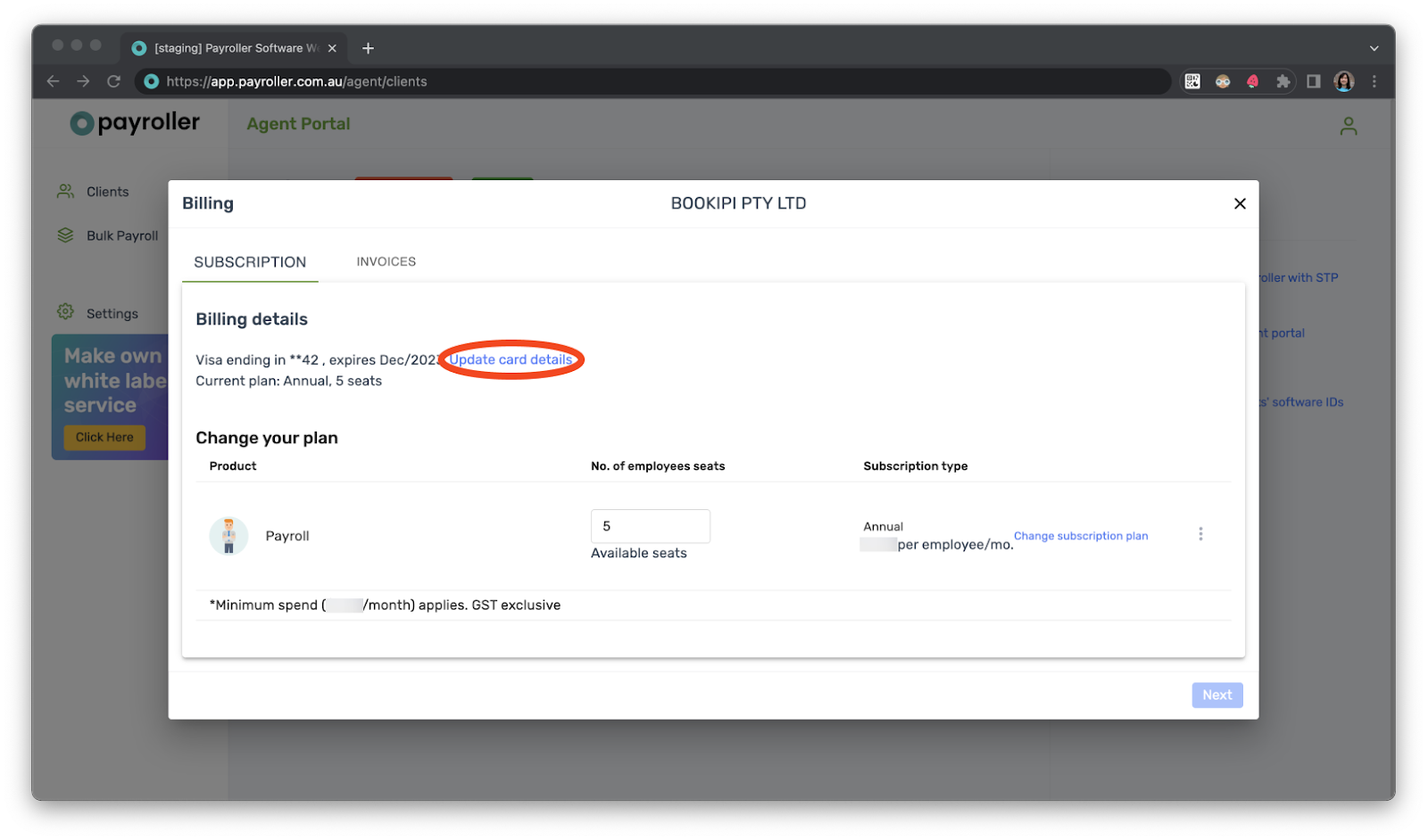 Payroller agent subscriptions - Updating the card details for client subscriptions for agents - 3