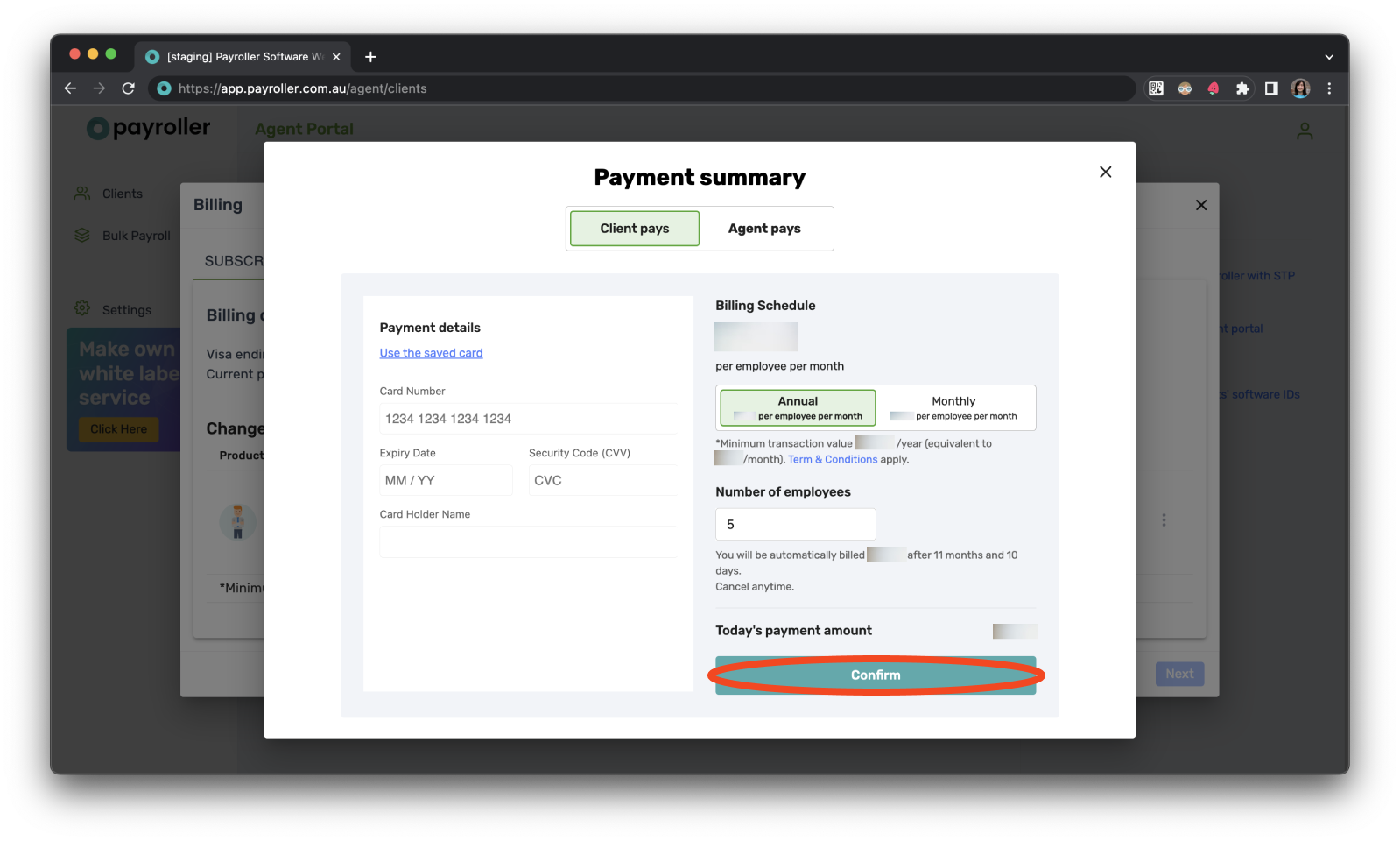 Payroller agent subscriptions - Updating the card details for client subscriptions for agents - 5