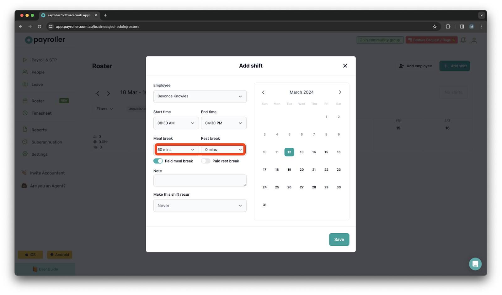 Timesheets and rostering - How to add a meal/rest break in a shift/timesheet - 4