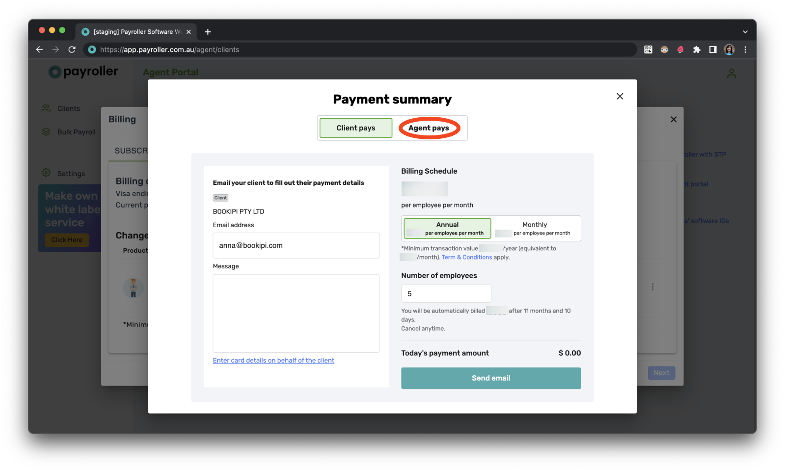 Payroller agent subscriptions - Updating the card details for client subscriptions for agents - 13