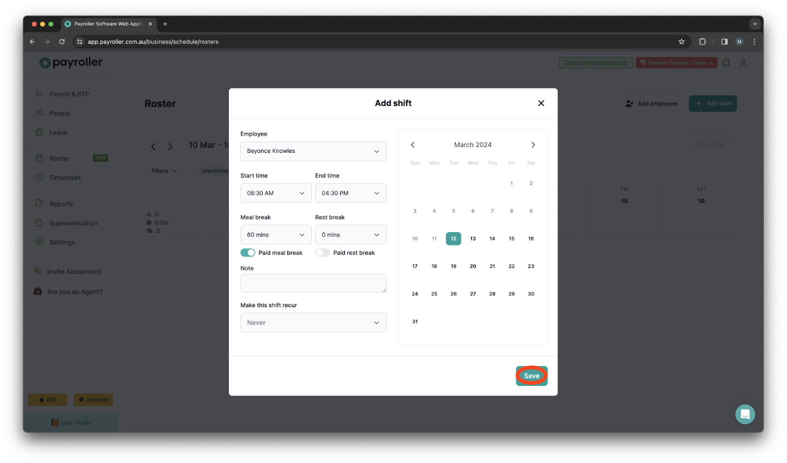 Timesheets and rostering - How to add a meal/rest break in a shift/timesheet - 6