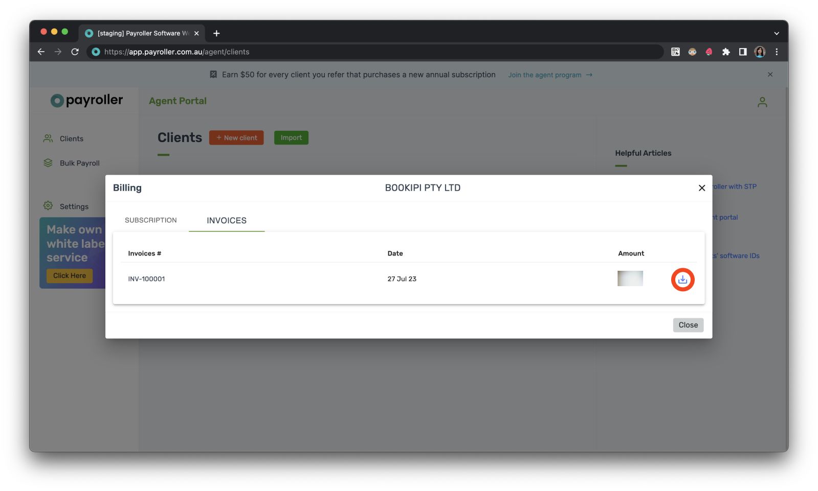 Payroller agent subscriptions - Downloading an invoice of a subscription payment for a client as an agent - 4