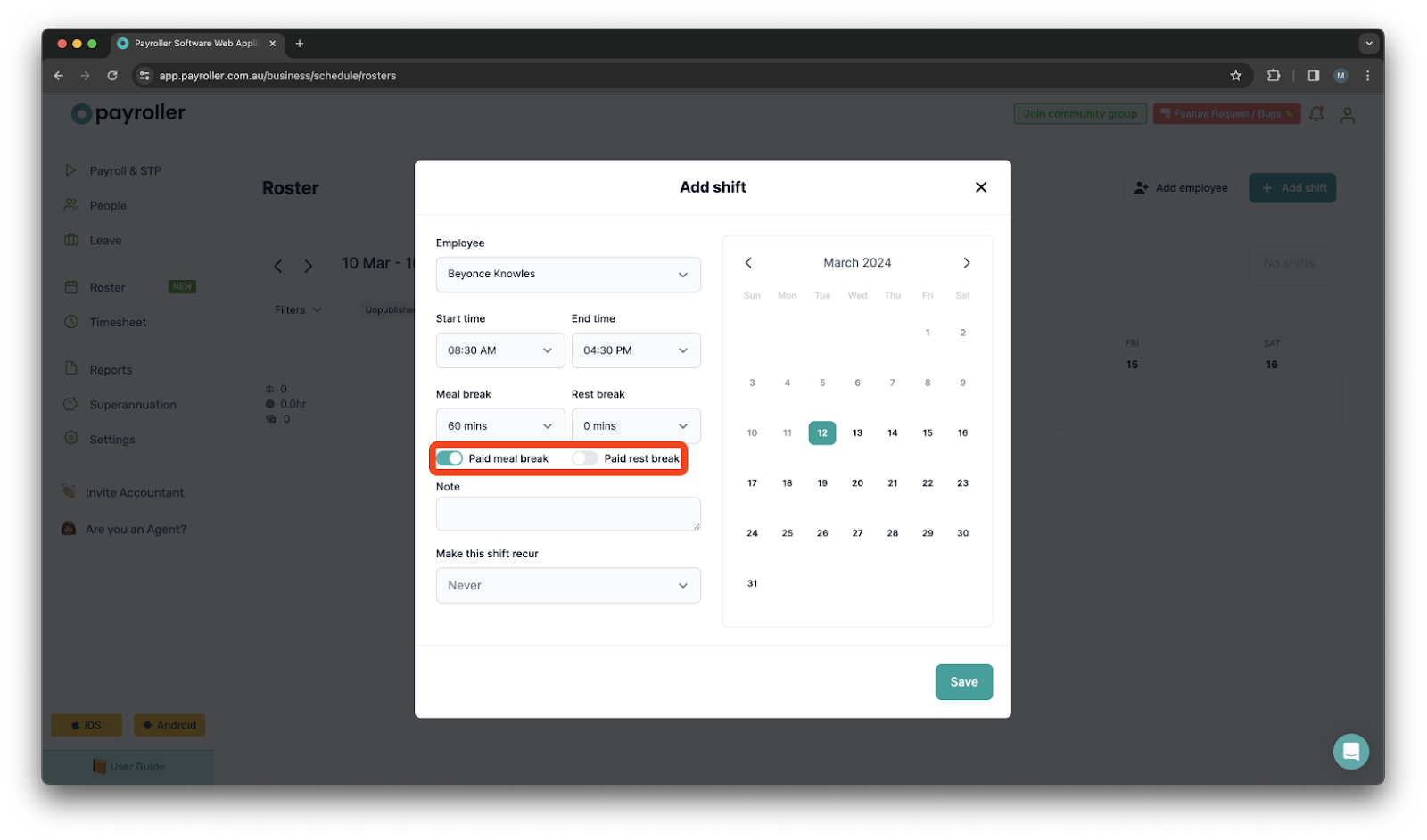 Timesheets and rostering - How to add a meal/rest break in a shift/timesheet - 5