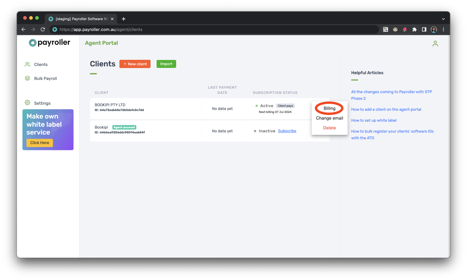 Payroller agent subscriptions - Updating the card details for client subscriptions for agents - 2