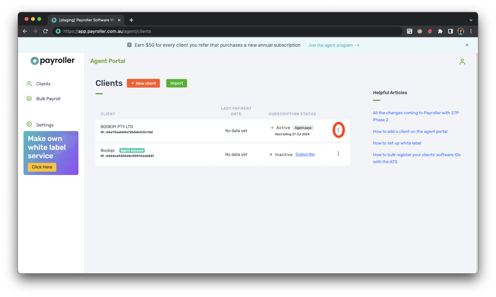 Payroller agent subscriptions - Downloading an invoice of a subscription payment for a client as an agent - 1