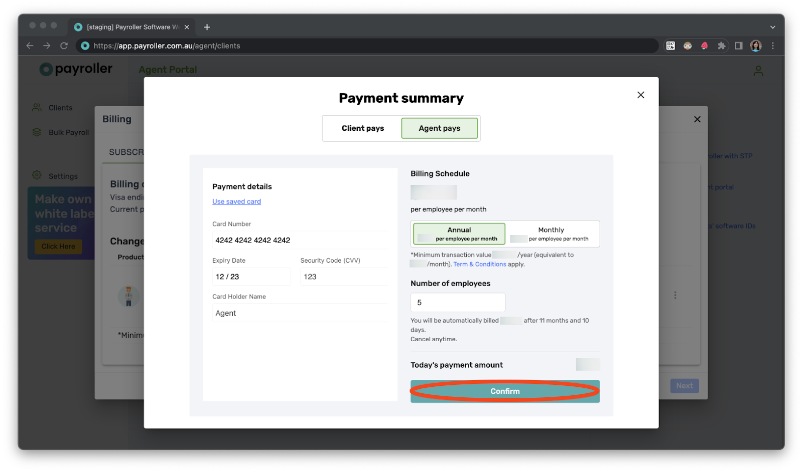 Payroller agent subscriptions - Updating the card details for client subscriptions for agents - 14