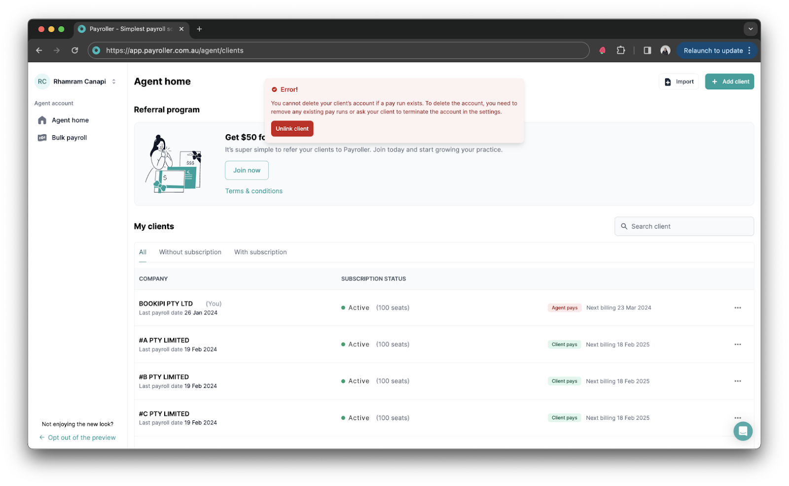 Agent Account - Deleting clients - 10