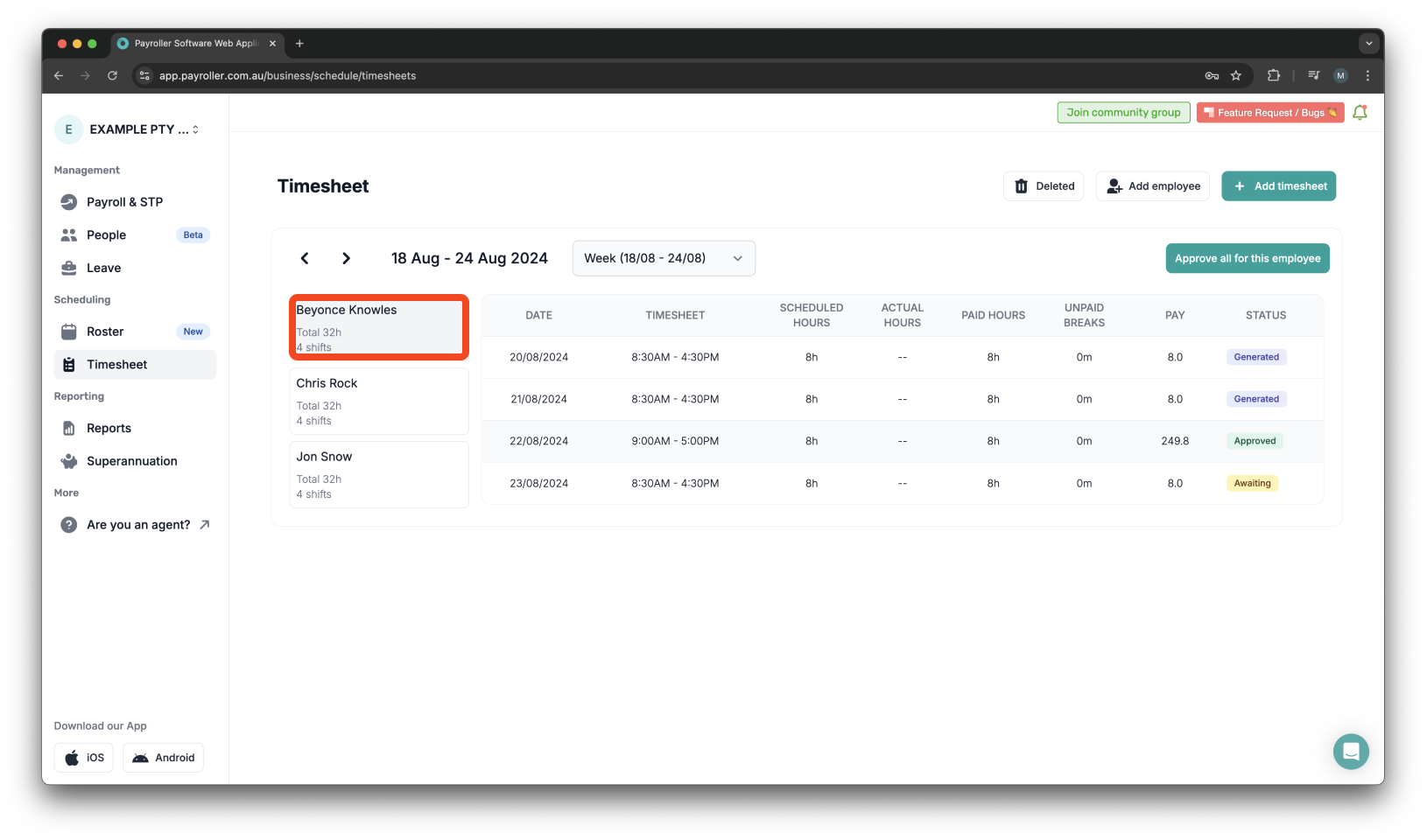 Timesheets and rostering - How to approve a timesheet - 2