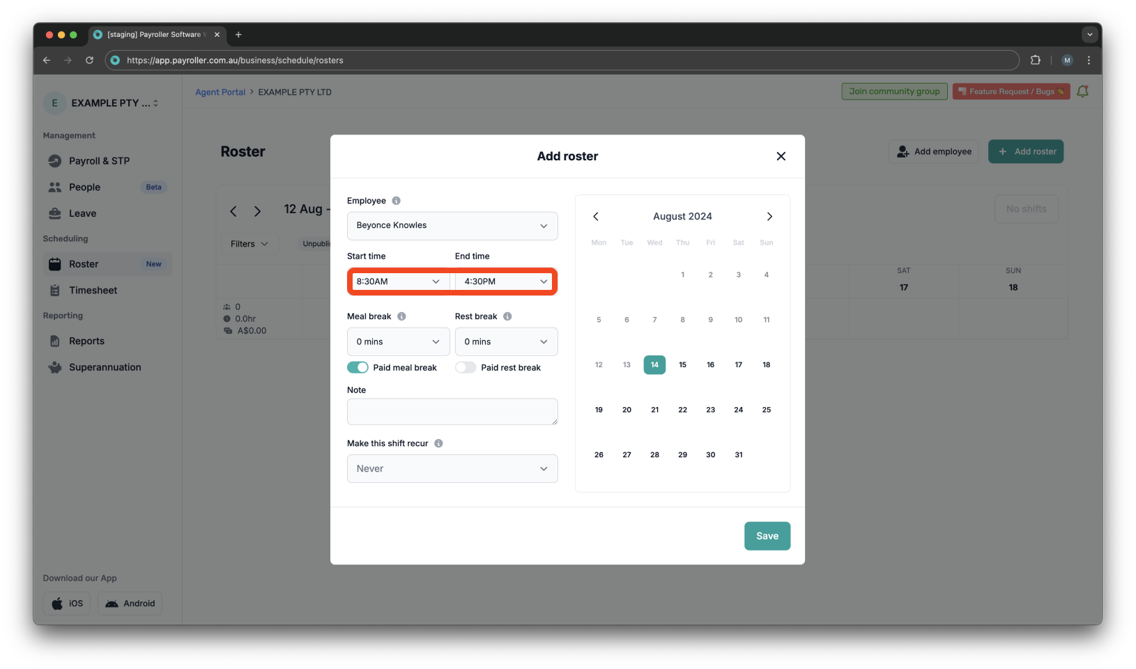 Timesheets and rostering - How to add a shift / How to set a roster - 4