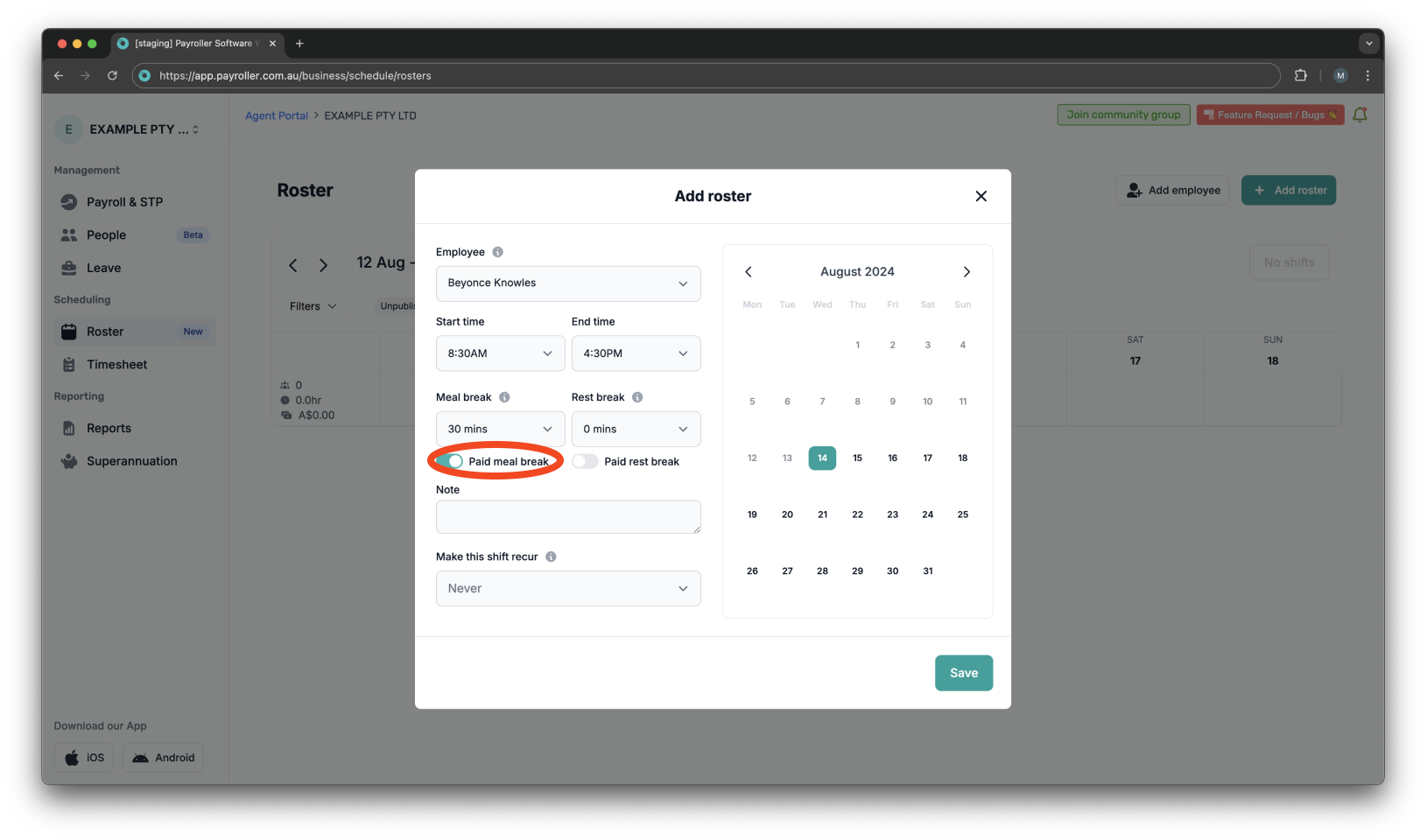 Timesheets and rostering - How to add a shift / How to set a roster - 6