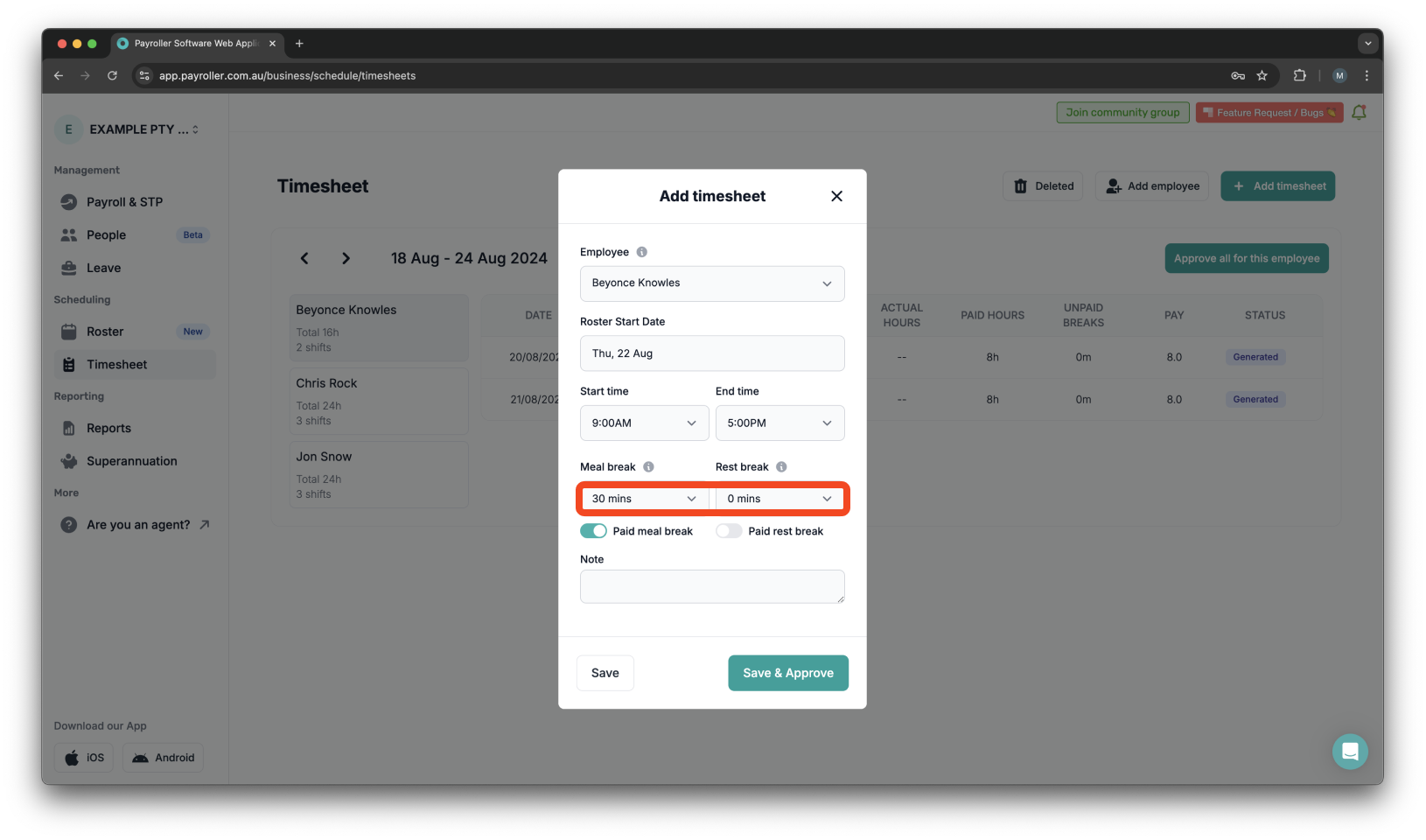 Timesheets and rostering - How to add a timesheet - 6