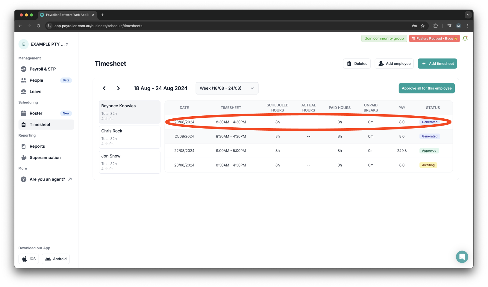 Timesheets and rostering - How to approve a timesheet - 4
