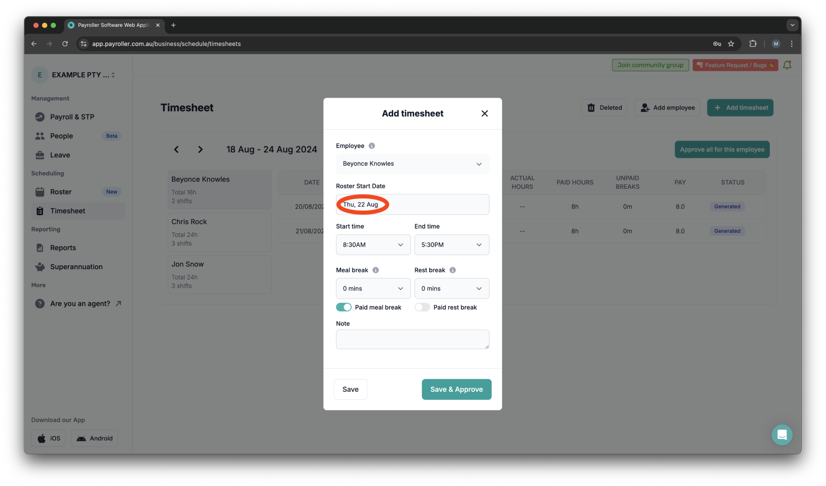 Timesheets and rostering - How to add a timesheet - 4