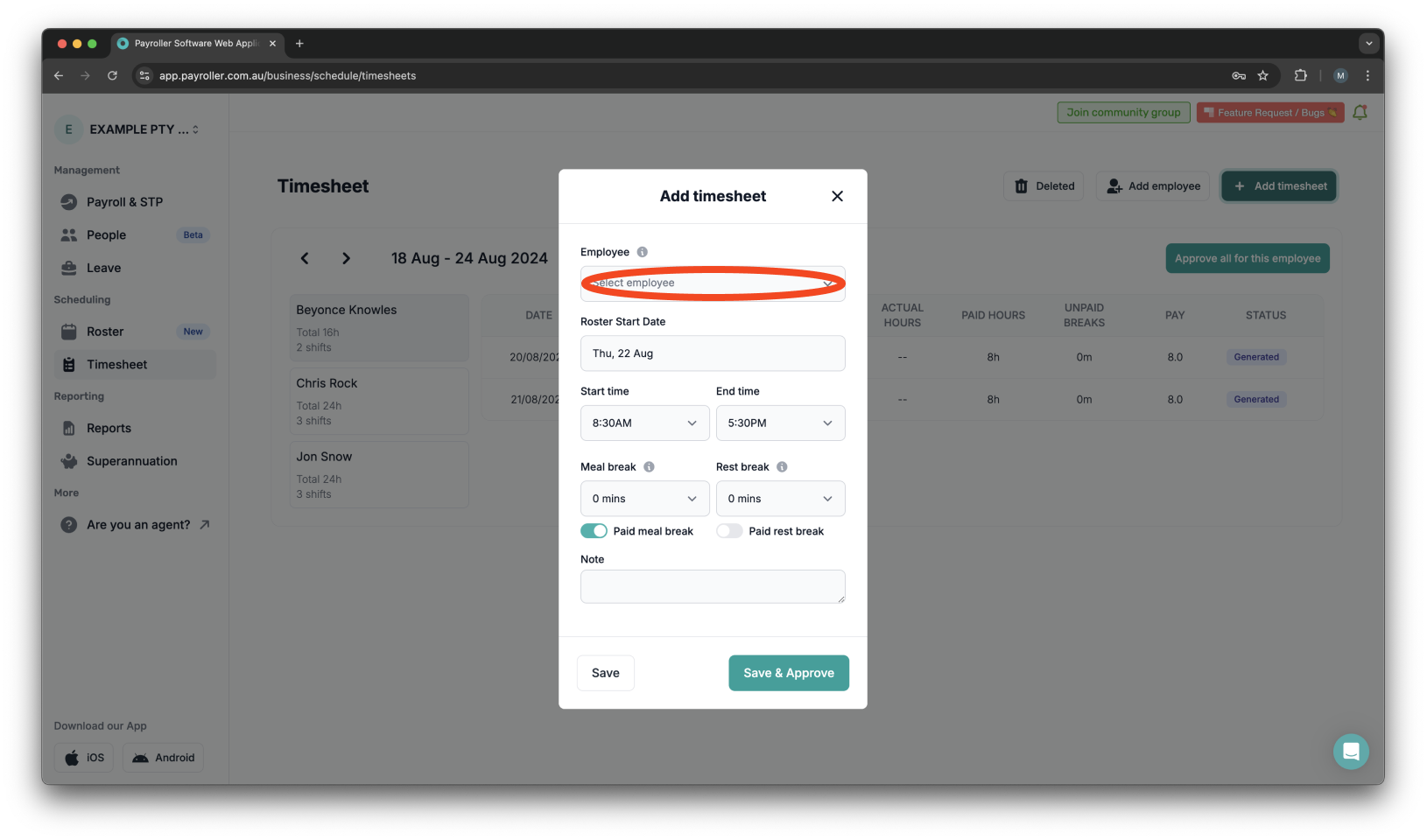 Timesheets and rostering - How to add a timesheet - 3
