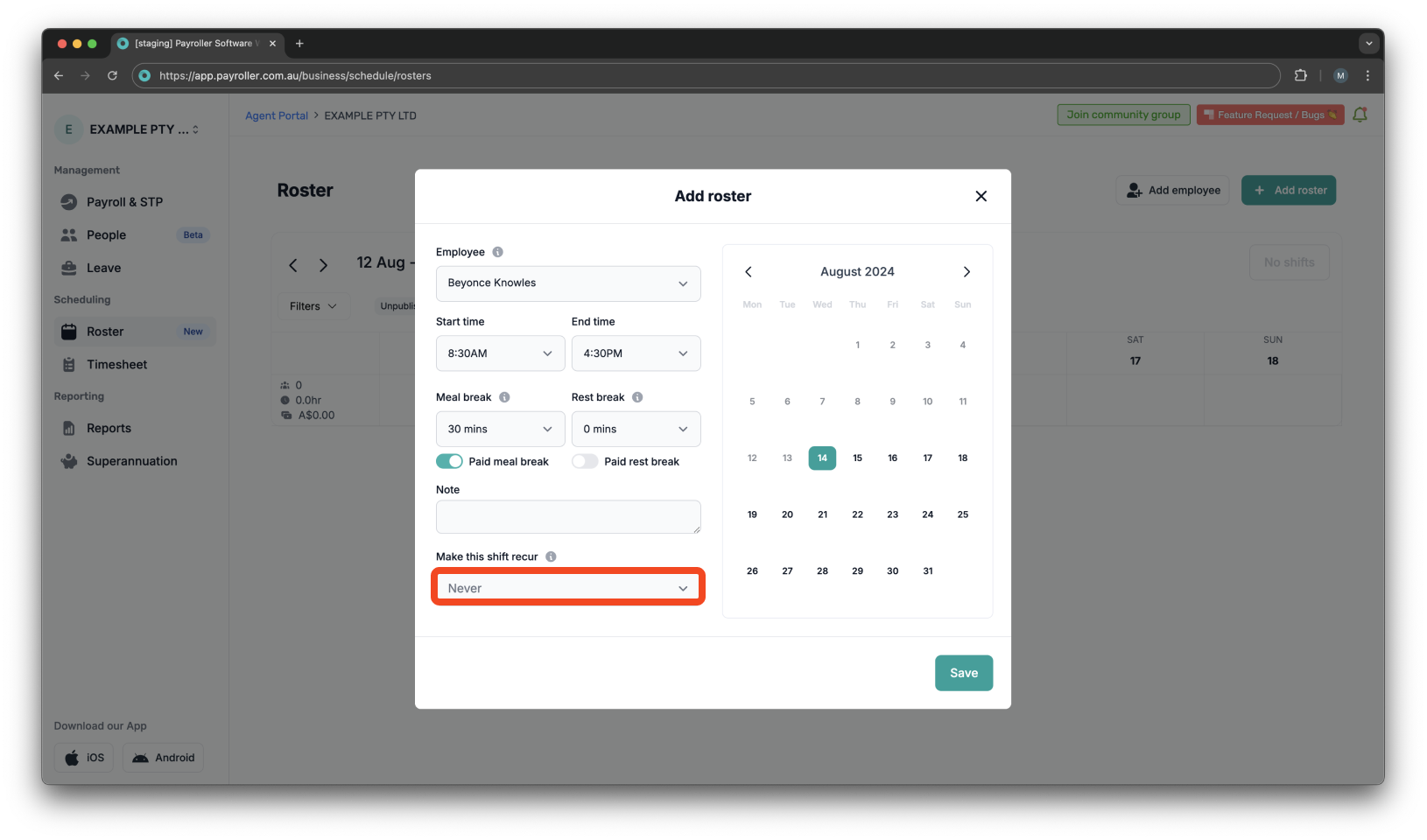 Timesheets and rostering - How to add a shift / How to set a roster - 8