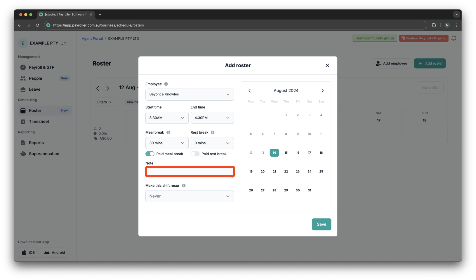 Timesheets and rostering - How to add a shift / How to set a roster - 7