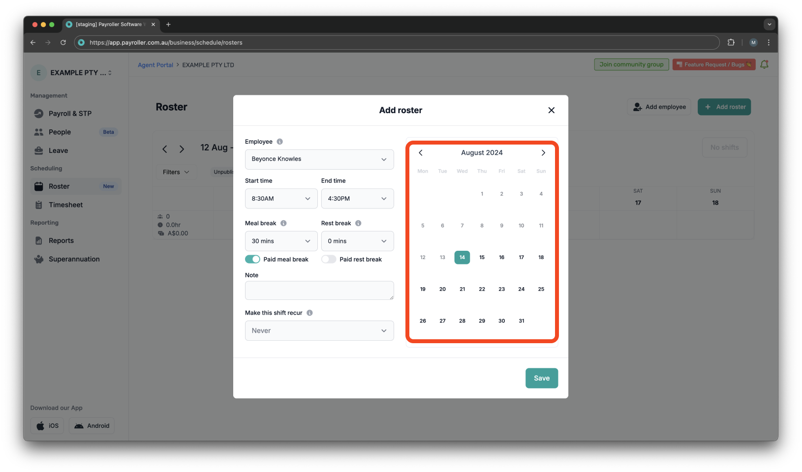 Timesheets and rostering - How to add a shift / How to set a roster - 9