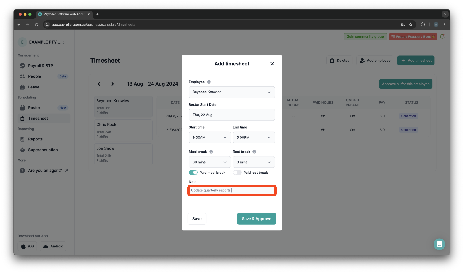 Timesheets and rostering - How to add a timesheet - 7