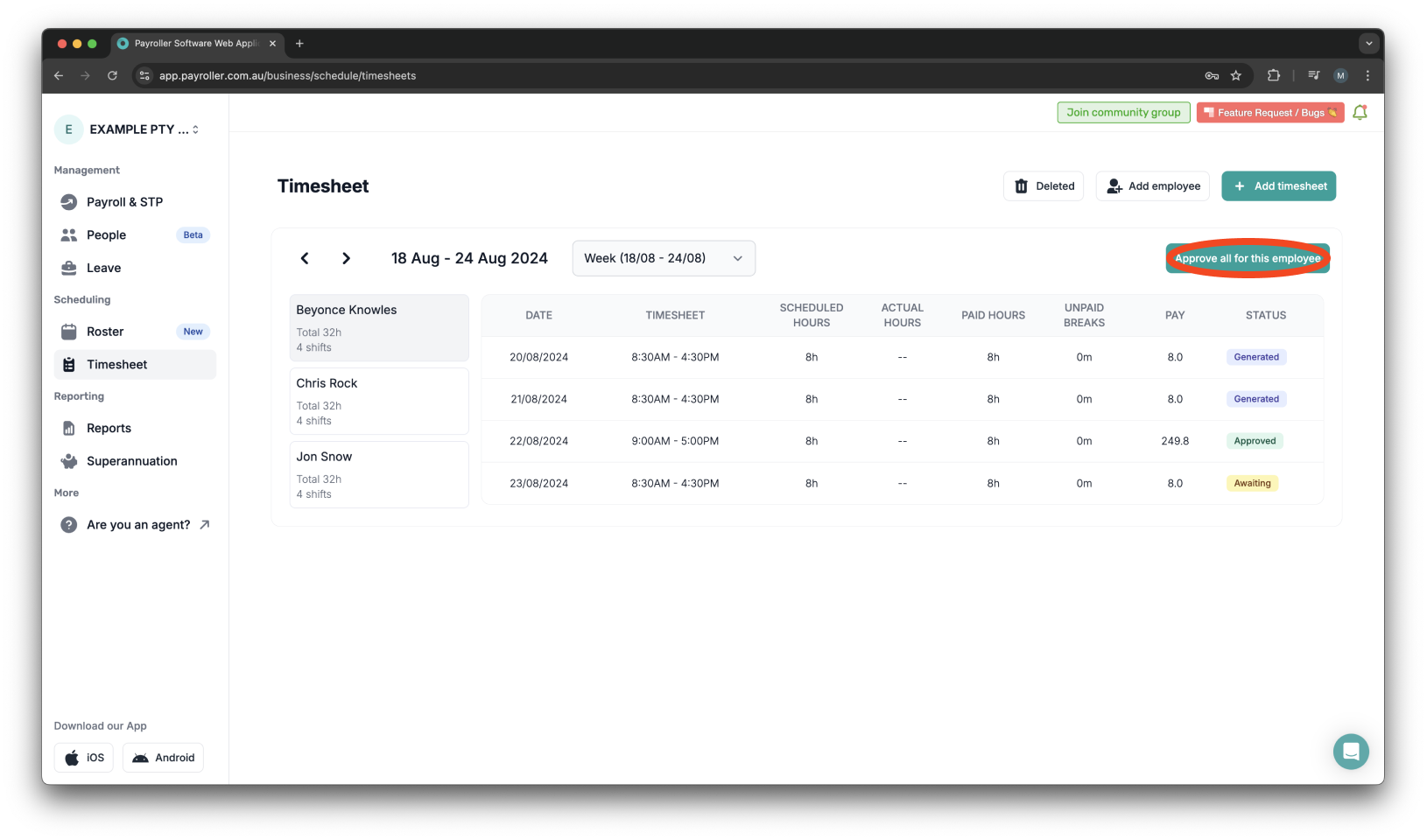 Timesheets and rostering - How to approve a timesheet - 3