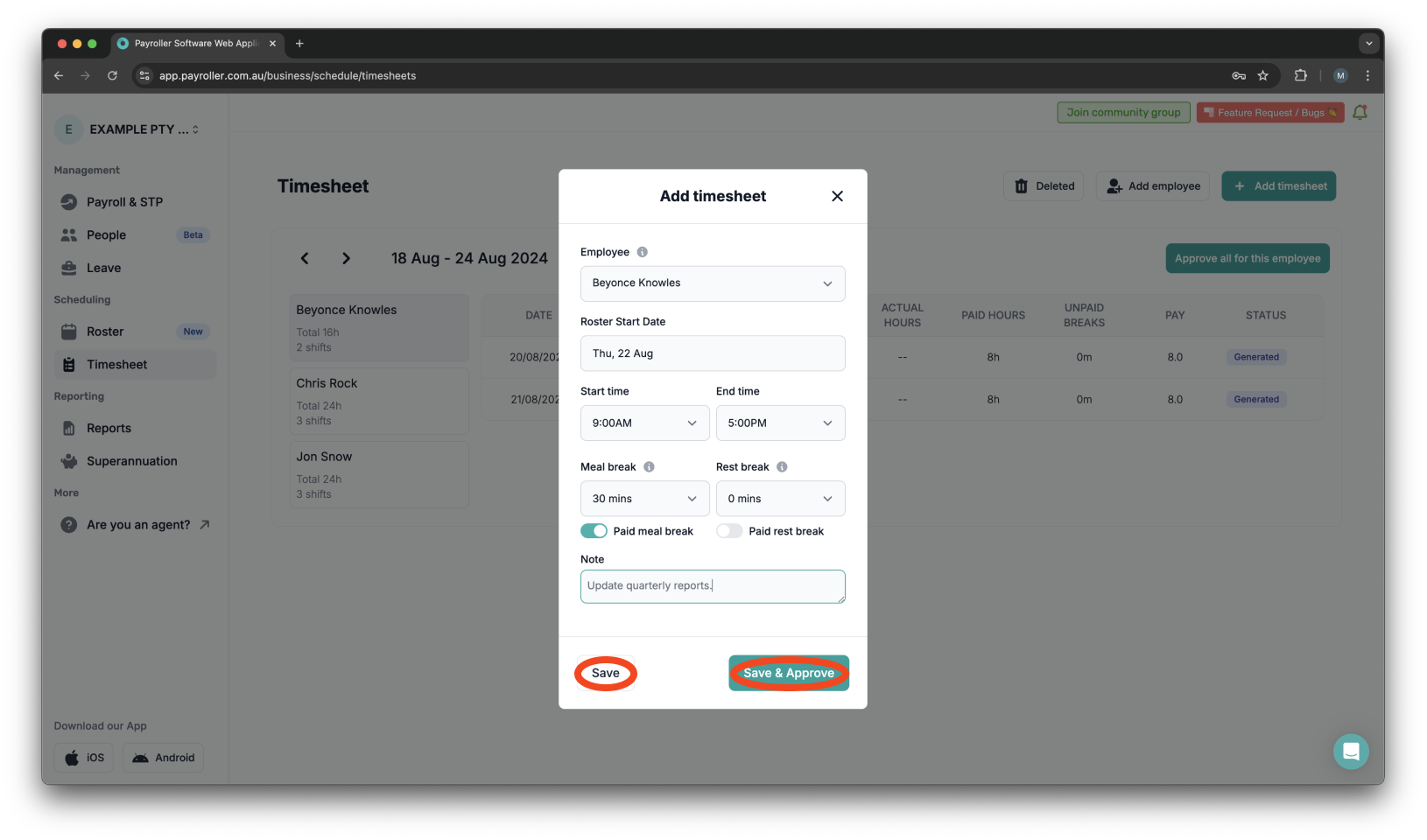 Timesheets and rostering - How to add a timesheet - 8