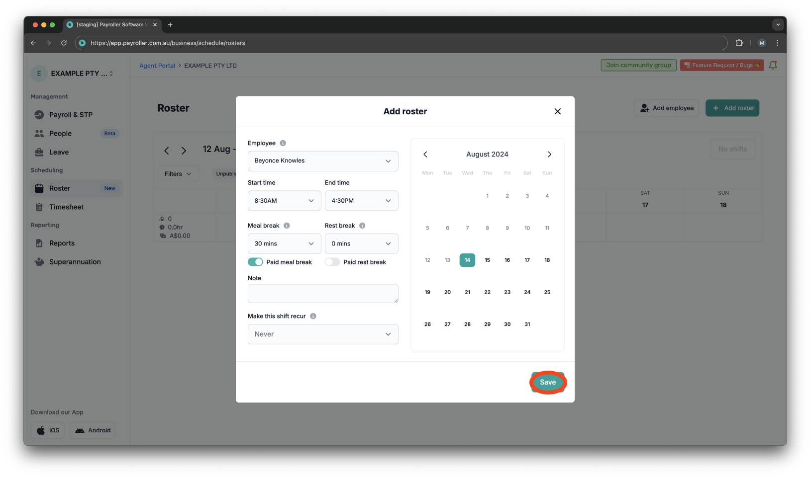 Timesheets and rostering - How to add a shift / How to set a roster - 10