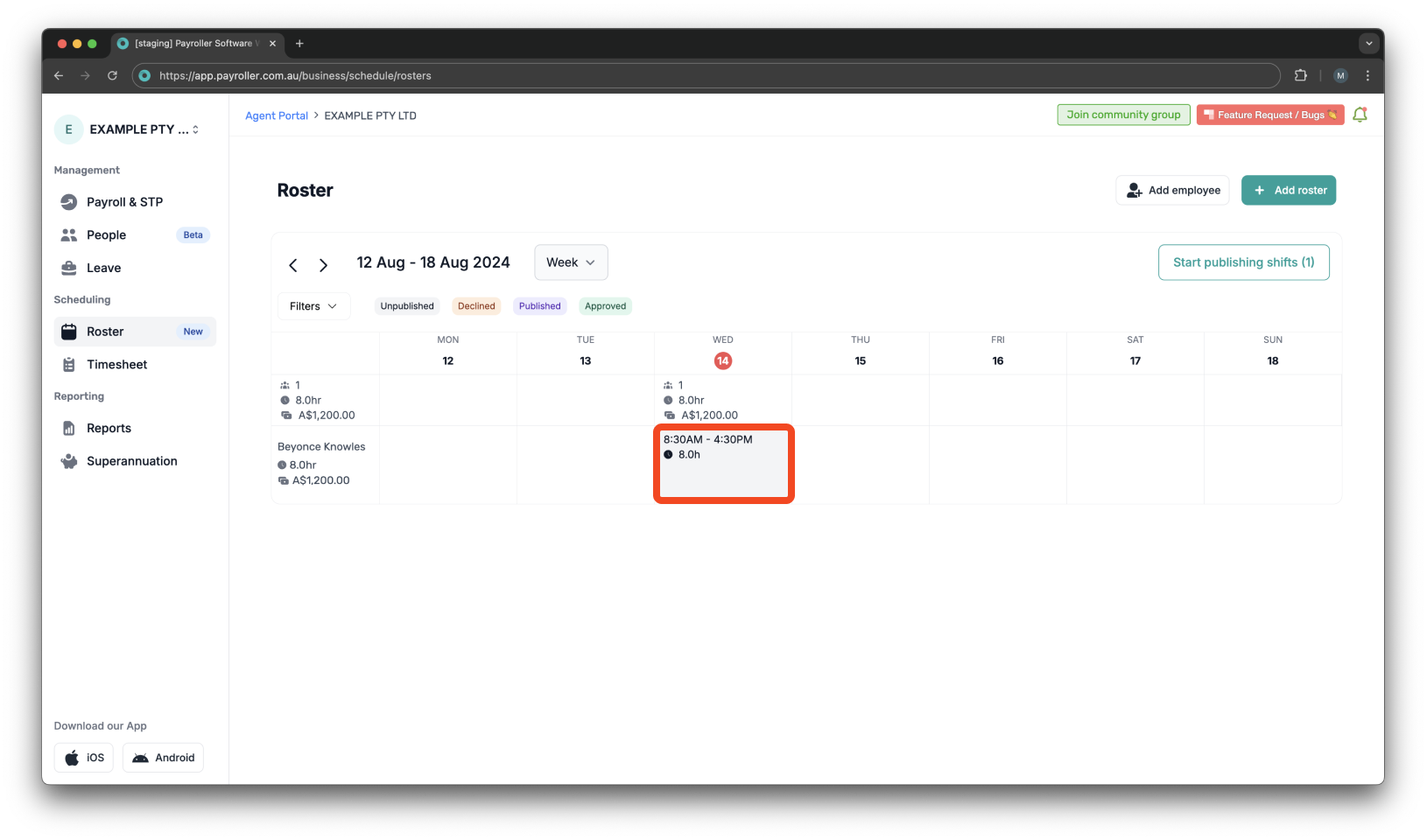 Timesheets and rostering - How to add a shift / How to set a roster - 11
