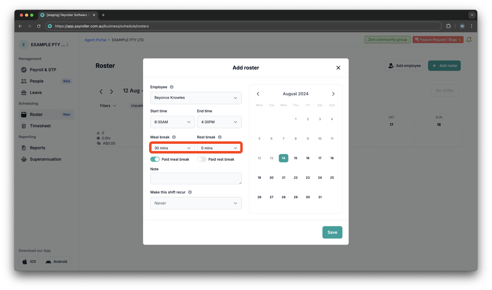 Timesheets and rostering - How to add a shift / How to set a roster - 5