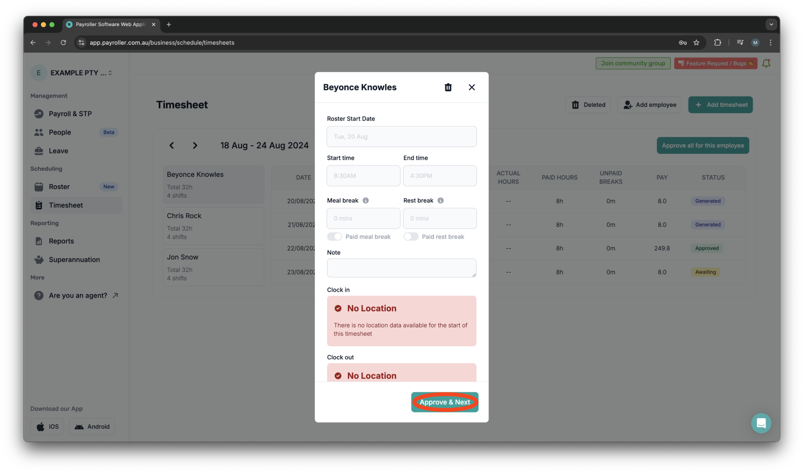 Timesheets and rostering - How to approve a timesheet - 5
