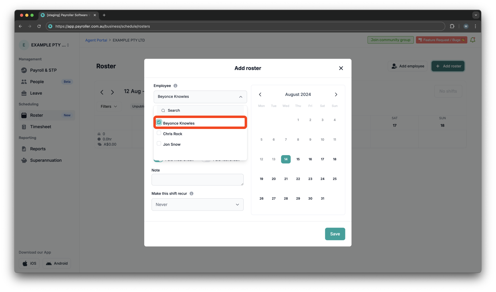 Timesheets and rostering - How to add a shift / How to set a roster - 3