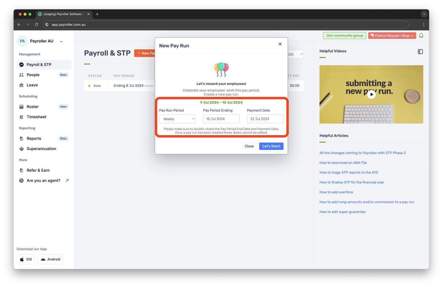 Creating pay runs - Pay period, pay period end date, and payment date - 2