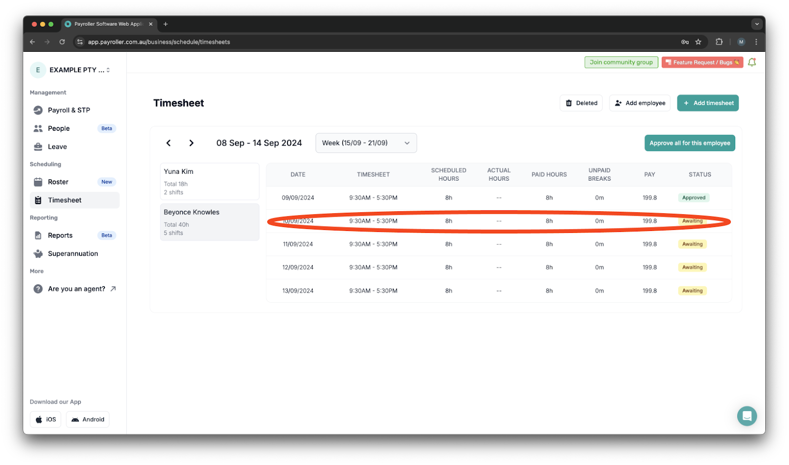 Timesheets and rostering - How to delete/reject a timesheet - 3