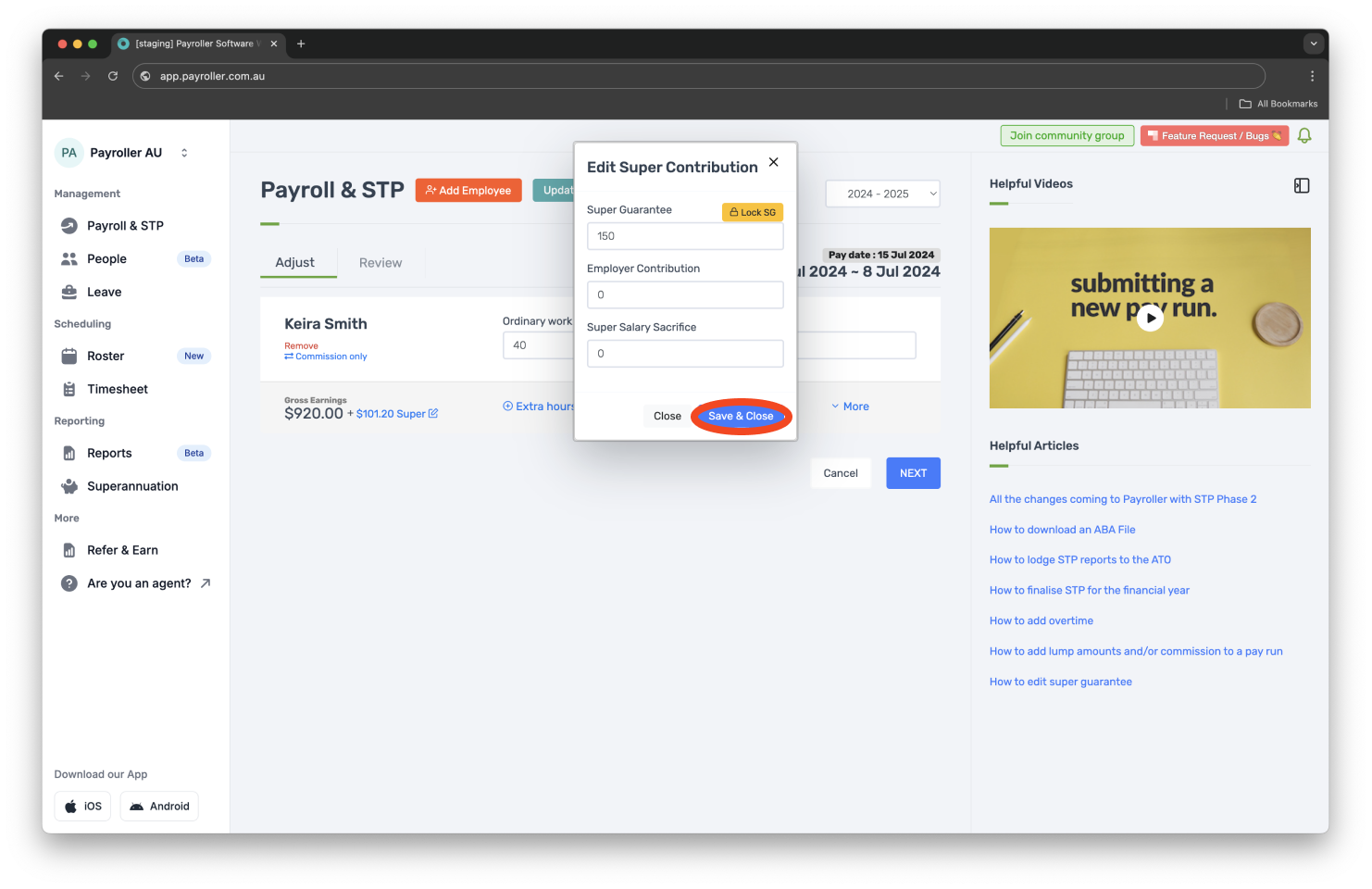 Creating pay runs - Viewing and Adjusting Superannuation - 6